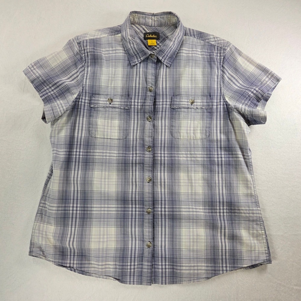 Cabela's Short Sleeve Button Down Blue White Plaid Women Shirt Sz L Casual Top